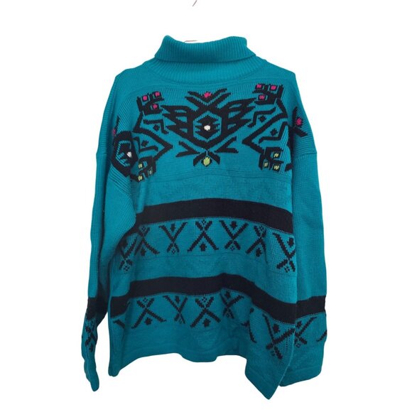 Gitano Sweaters - Vintage Gitano Teal Turtleneck‎ Sweater With Aztec Pattern - Size L - Acrylic